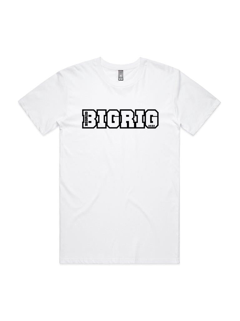 White crew neck TShirt with BIGRIG block Long Logo across chest. 