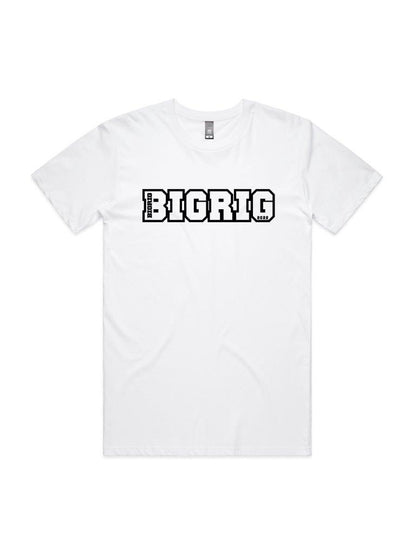 White crew neck TShirt with BIGRIG block Long Logo across chest. 